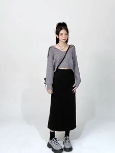 La Chapelle | Gray Wool Blend Pencil Skirt for Winter Mid Length A-line with Slit