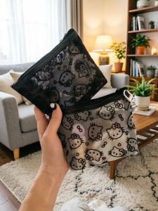 Sanrio | Hello Kitty Transparent Mesh Pouch Cute Zipper Makeup Bag Cosmetic Organizer Small Travel Storage Case for Lipstick Coins Girls
