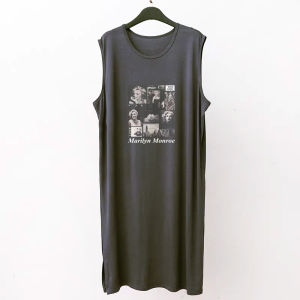 Retro Style Mens Sleepwear Cotton Loose plus Size round Neck Sleeveless Vest Gown Mid-Length One-Piece Robe Summer Comfortable