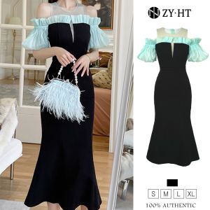 HT EraVogue เดรสผู้หญิง เดรสผู้หญิง เดรสสีดำ เดรสหางปลา เดรสแขนพอง เดรสปาดไหล่ เดรสยาว เดรสฝรั่งเศส ชุดราตรี 20371