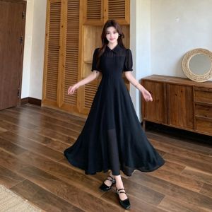 Đầm Dài Chiffon Cổ Polo Màu Đen