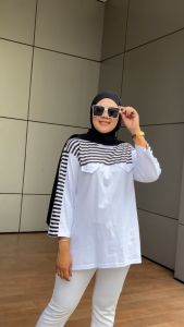 NARAGU - Atasan Kaos Poket Salur Aldira 7 8 Wanita Baju Belang Saku Polos Katun Gaya Kasual