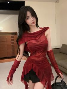 GUZILIAN | Áo thun nữ dáng ôm có mũ trùm đầu màu đỏ lễ hội mùa thu đông mới về Áo sơ mi cổ chữ V không tay mùa đông phong cách Hàn Quốc