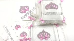 Baby Pink Lace Pearl Rhinestone Crown Satin Bow Baby Footed Romper Newborn 0-9 Months 4Pcs White Princess Baptism Gift