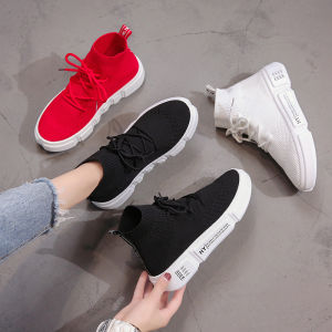 Womens Summer 2025 Casual Sports Shoes Elastic Fly Knit High Tops for Street Dance And Hip Hop Thick Bottom Platform Sneakers