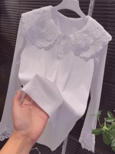 Slimming Design Sensation White Lace Long Sleeve T-Shirt Doll Collar Base Shirt for Women Korean Style Commute Pure Color