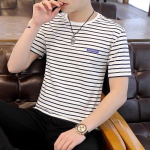 เสื้อยืดแขนสั้นผู้ชาย ทรงสลิมฟิต คอตตอนแท้ ทรงบาง ลายทาง สวมใส่สบาย สำหรับฤดูร้อน แฟชั่นลำลอง สำหรับวัยรุ่น