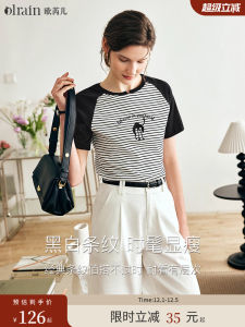 เสื้อยืดคอกลมแขนสั้นผู้หญิง OLrain ทรงย้อนยุคสไตล์ฝรั่งเศส ลายปักสีบล็อก แฟชั่นฤดูร้อน เสื้อผ้าทำงานผู้หญิง