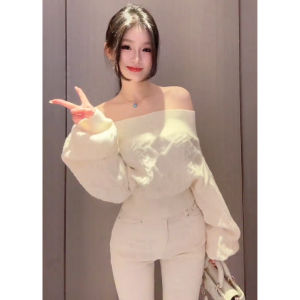 YUEZHONGWEI | Lucky Year Red One-Shoulder Cable Knit Sweater Womens Autumn Winter Loose