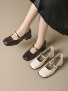 Josiny | Mary Jane Style Coarse Heel Leather Shoes White