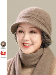 SHIPAILUO | Warm Fleece Lined Knitted Rabbit Fur Hat For Older Women Comfortable Soft Round Top Cap Suitable For Autumn And Winter