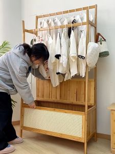 Bamboo Wardrobe Cabinet with Organizer Wooden Coat Rack Garment Rack For Bedroom Clothing Rack Hanging Clothes