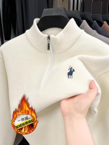 Mens Fleece Lined Thickened Half Zip Knitwear Winter High End Integrated Velvet Shiny Warm Casual Style Fashionable Urban Look