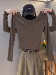 Slim Fit Long Sleeve V-Neck T-Shirt Womens Fashion Autumn Coffee Milk Color Base Layer Shirt Trendy Commute Style Top