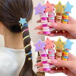 2Pcs Elastic Telephone Wire Hair Ties Women Girls Y2K Colorful Star Hair Bands Spiral Coil Rubber Band Ponytails Head Rope Hair Accessories