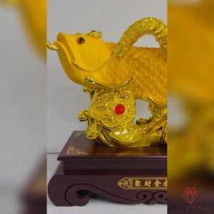 Pajangan Ikan Arwana - Dekorasi Meja Arwana Emas Koin - Kado Mewah Unik P301