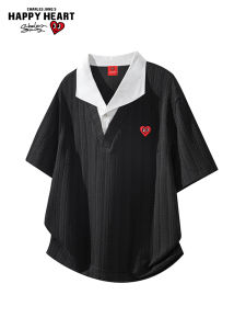 CHARLES JANGS HAPPY HEART | Heart Design Faux Two Pieces Summer Trendy Casual Polo Shirt