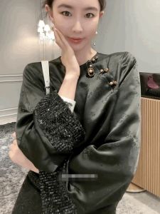 New Chinese Style Acetate Chiffon T-Shirt Womens Shirt Vintage Glitter Patchwork Bell Sleeve Elegance Top Ladies Fashion