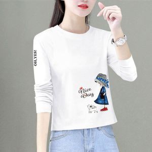Pure Cotton White Liner Bottoming Shirt for Women Spring and Autumn Long Sleeve T-shirt Plus Size Loose Small Short Top T-shirt Fashion