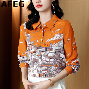 AFEG new Korean version of shirt collar fashion loose temperament real silk fun printed long-sleeved blouse for women