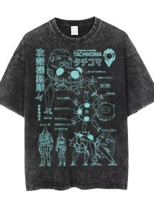 Washed Black Loose Fit Ghost in the Shell T-Shirt Anime Fashionable Casual Cotton round Neck Short Sleeve for All Ages