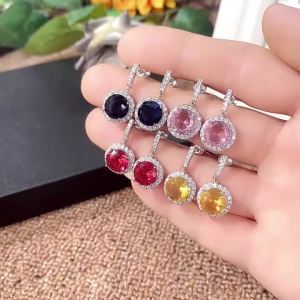 Huitan Colored Round Cubic Zirconia Dangle Earrings for Women Blue/Pink/Red/Yellow CZ Temperament Female Ear Accessories Jewelry