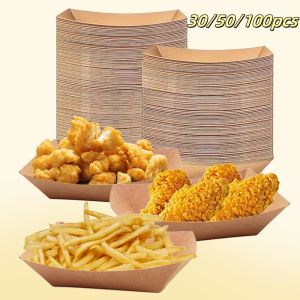 30/50/100Pcs Kraft Paper Boat Shaped Plates Disposable Salad Dessert Pine Cake Snack Bowls Food Tray for Kitchen Party Tableware