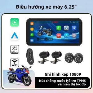 Hệ Thống Định Vị GPS Không Dây 6.25 Inch Tích Hợp Carplay Và Android Auto Cho Xe Máy Chống Nước IP67 Có Camera Kép Trước & Sau Thiết Bị Định Vị Di Động Cho Xe Máy Kết Nối WiFi.