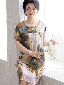 Middle-Aged and Elderly Artificial Cotton Nightdress Womens Summer Ladieswear Artificial Cotton Home Wear Short Sleeve Loose Pure Bourette Dress Thin
