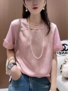 Trendy First-Line Brand Discount Leak-Picking New Chinese Style National Style Buckle T-shirt Female Minority All-Match Short Sleeve Silk Tops