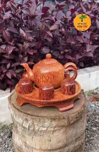 Bộ Bình Trà Lê Gỗ Dừa Kèm Dĩa Có Chân Phù Hợp Trà Đạo Trang Trí Bàn Trà Thiết Kế Sang Trọng Dùng Biếu Tặng - KIM TỨ