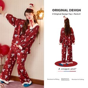 GONGDIE | Soft Light Red Carton Horse Patterned Pajamas Long Sleeve Cotton Sleepwear