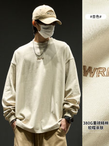 Áo Thun Cotton Dài Tay Nam Mùa Xuân Thu Mới Thời Trang Nhật Bản Thêu Chữ Trang Phục Cơ Bản Màu Trắng Cotton Nguyên Chất Áo Thun