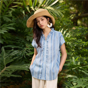 เสื้อเชิ้ตผู้หญิง Giordano ลายทาง แขนยาว คอวี แขนยาว ทรงหลวม ฤดูร้อน 2025 ผ้าโพลีเอสเตอร์ คอตตอน อะซิเตท ลินิน เส้นใยไลโอเซลล์