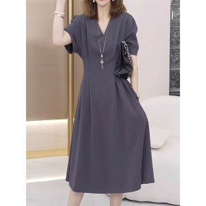 Elegant Summer Loose Womens Dress Slimming A-Line Midi Skirt Short Sleeve V-Neck Pure Color Casual Style Online Exclusive