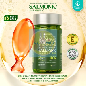 Olive Care SALMONIC Minyak Ikan Kucing Murni & Alami Non-GMO Tinggi Omega 3 EPA DHA Omega 6 untuk Pertumbuhan Bulu Kekebalan Tubuh dan Kesehatan Jantung