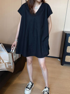 BINKAFENNY | Plus Size Beautiful Summer Shirt Black V-Neck Short Sleeve Womens Mid-Length Cover Butt Slimming Top Korean Style Loose Fit