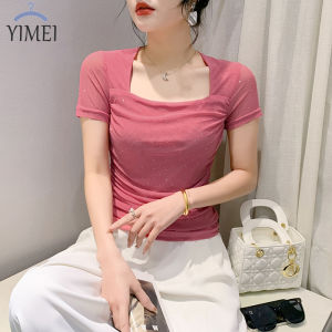 Yimei mùa hè mới phong cách phương Tây giảm béo ngành công nghiệp nặng cán nóng lưới kim cương tay ngắn hàng đầu thời trang xếp li màu hồng vuông cổ T-Shirt cho phụ nữ 2024
