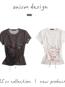 ONISMDESIGN Millennium Early Dream Core Ballet Punk Print Elastic Tie Slimming Short Sleeve T-Shirt Cleanfit Summer Ladies Top