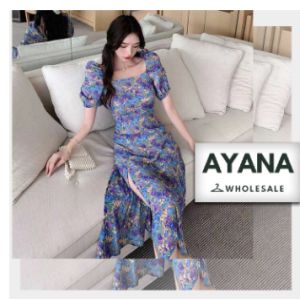 เดรสลายดอกไม้สไตล์เรโทรฝรั่งเศสฤดูร้อนแขนพัฟคอเหลี่ยมเอวสลิมเดรสยาวกลาง