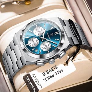 [With Free Box] Poedagar Fashion Mens Watches Luxury Brand Dual Calendar Luminous Diamond Dial Stainless Steel Strap Waterproof Quartz Wristwatch Fashion Casual Golden Watch 970G