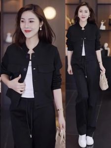 Fashionable Casual Sportswear Set Womens Short Jacket Spring Autumn New Style Ageless Wide Leg Pants Two Piece Set