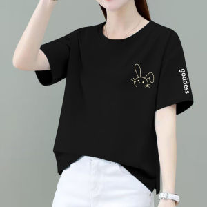 Blue Cotton Short Sleeve T-Shirt Women Summer Loose Slimming Belly Cover Versatile Young Mom round Neck High End Top