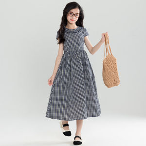 Grid Short Sleeve Summer New Long Dress for Girls