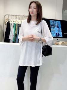 Widelia Summer Thin Short Sleeve T-Shirt Womens Loose Casual Anti-aging Side Slit Letter Print Commute Style round Neck Top