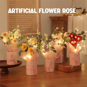 Crochet Flower Bouquet with LED Light String Hand Knitted Flower Creative Handicraft Gifts Valentines Day Gift