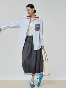 XIAODADEHUA | Blue Collared Long Sleeve Checkered Loose Shirt