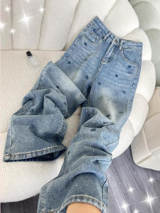 Blue Embroidered Rhinestone Wide Leg Denim Jeans Womens High Waist Slimming Casual Straight Leg Pants Autumn Winter plus Size
