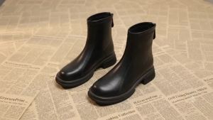 Women Ankle Boots Chunky Mid Heel Round Toe Back Zipper Short Booties Casual Platform PU Leather Fashion Comfort Solid Shoes Hot