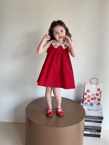 1-12 ปี ชุดเดรส ชุดกระโปรงลูกสาว แขนกุด ชุดเดรสเด็ก คอปกปักลายเชอร์รี่ ชุดเดรสเจ้าหญิง